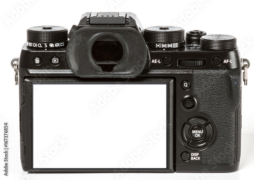 Modern retro mirrorless Digital Camera from back, Isolated On White Background