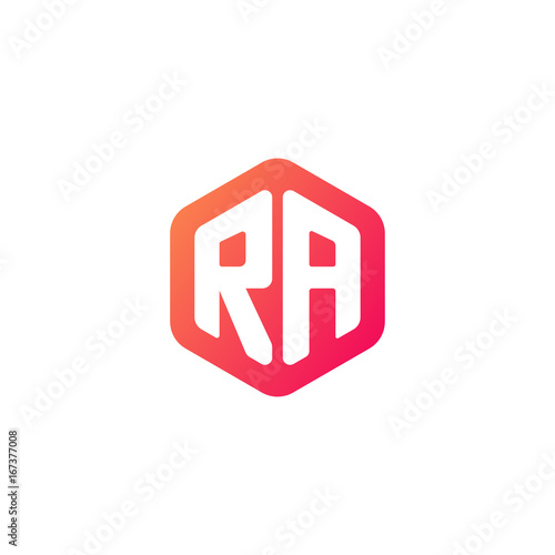 Initial letter ra, rounded hexagon logo, gradient red orange colors	
 
