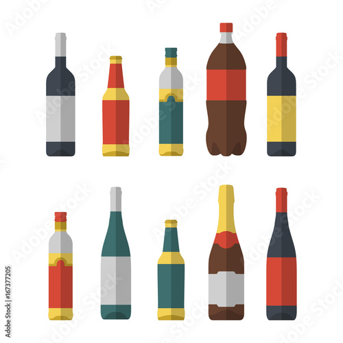Set of different bottles flat isolated. Wine, beer, olive oil, coke and champagne
