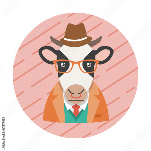 Hipster cow with glasses, bowler hat and necktie