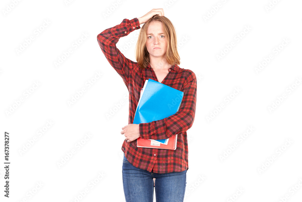 Portrait of beautiful female college student with notebooks against white background Portrait of beautiful female college student with notebooks against white background
