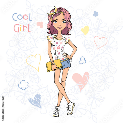 Cute beautiful girl in t-shirt and shorts, with a ribbon in his hair and a bag clutch
