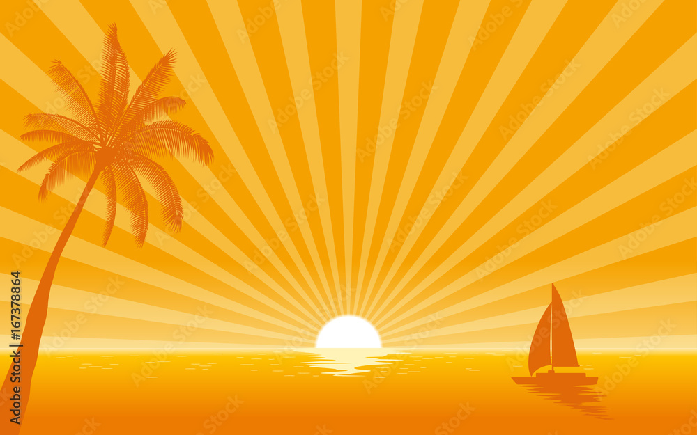 Silhouette palm tree and sailboat in flat icon design with sunshine ray background