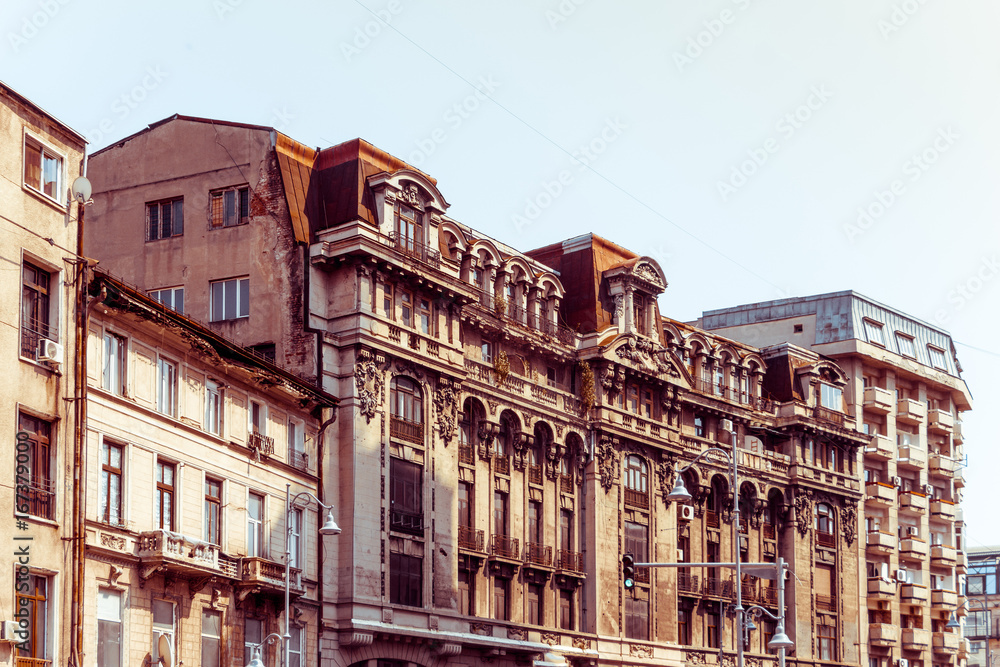 antique building view in Old Town Bucharest, Romanian antique building view in Old Town Bucharest, Romanian