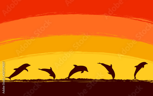 Silhouette jumping dolphin in ocean with sunset sky background