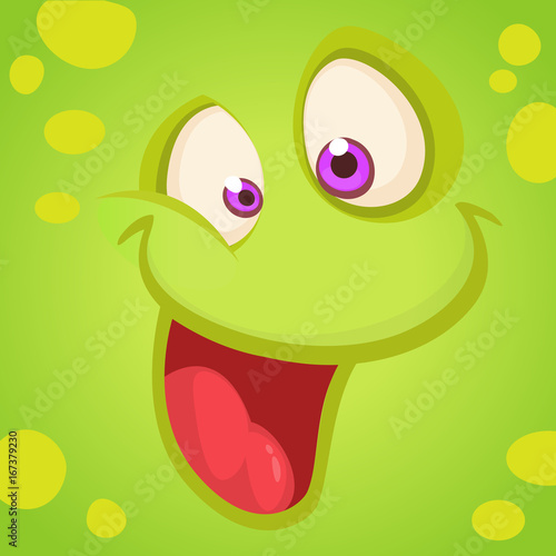 Cartoon monster face. Vector Halloween green happy cool monster avatar. Party mask