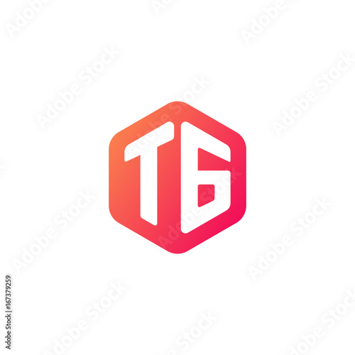 Initial letter tg, rounded hexagon logo, gradient red orange colors	
 
