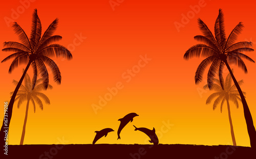 Silhouette jumping dolphin and palm tree in flat icon design with sunset sky background