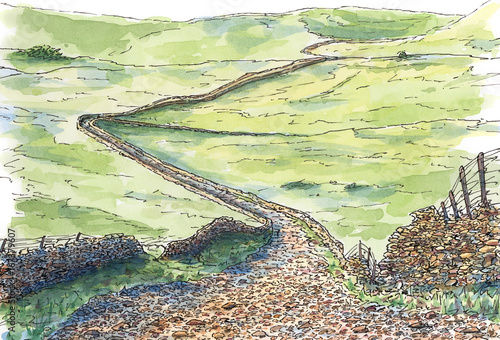 English hilly meadows and stony road