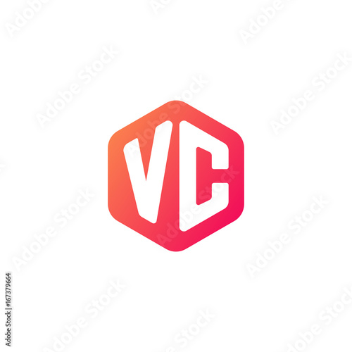 Initial letter vc, rounded hexagon logo, gradient red orange colors	
 
