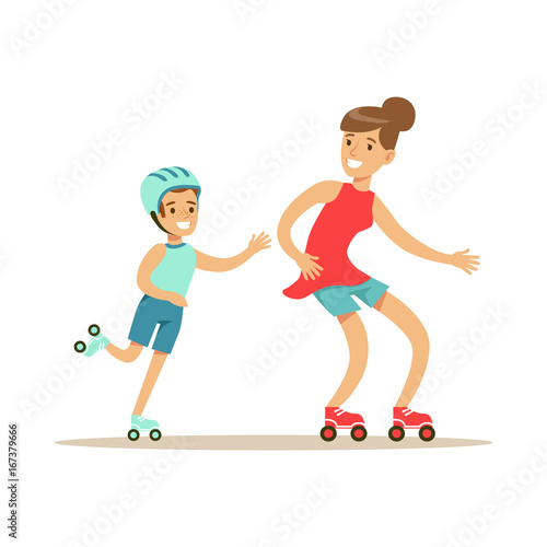 Smiling woman and boy roller skating, mom and son having good time together colorful characters