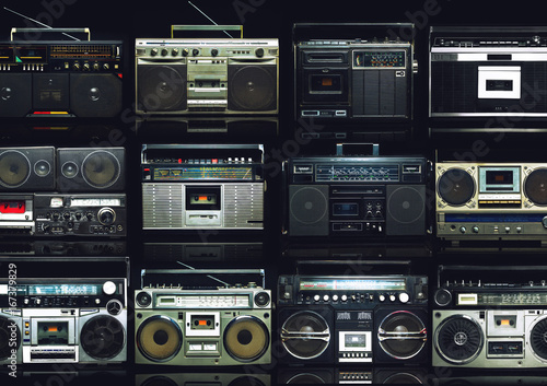 Vintage wall of radio boombox of the 80s