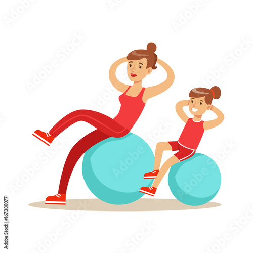 Smiling woman and girl happily exercising with fitball, mom and daughter having good time together colorful characters