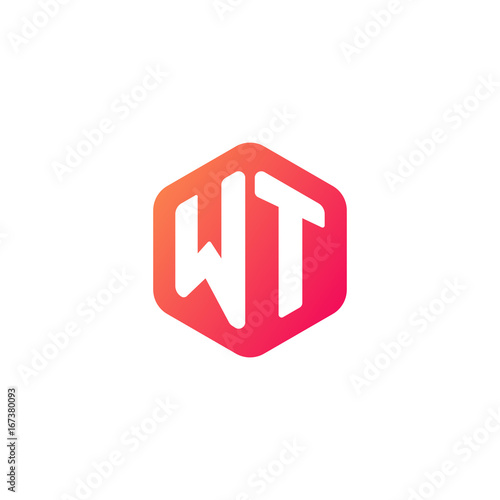 Initial letter wt, rounded hexagon logo, gradient red orange colors 