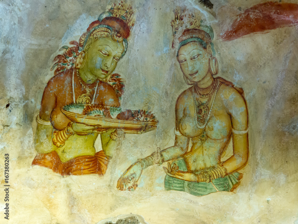 Frescoes of women at Sigiriya rock fortress Sri Lanka