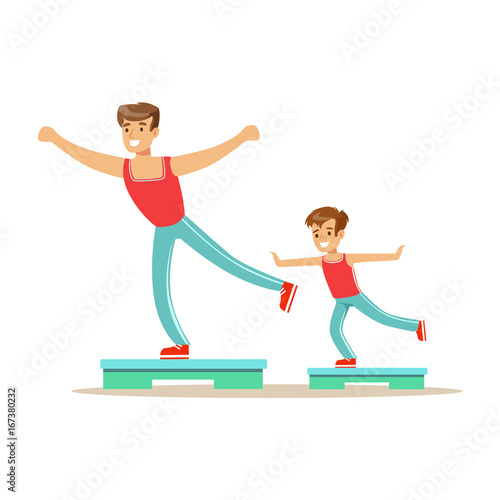 Smiling man and boy happily exercising aerobic steps, dad and son having good time together colorful characters