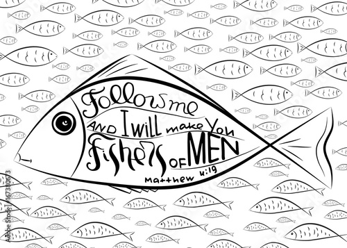 Fishers of men. Bible lettering. Ichthys is a symbol of fish. The ancient acronym of the name of Jesus Christ in Christian religion.  Vector design