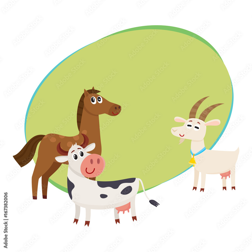 Farm horse, cow and goat, cartoon vector illustration with space for text. Cute and funny farm horse, goat, cow with friendly faces and big eyes