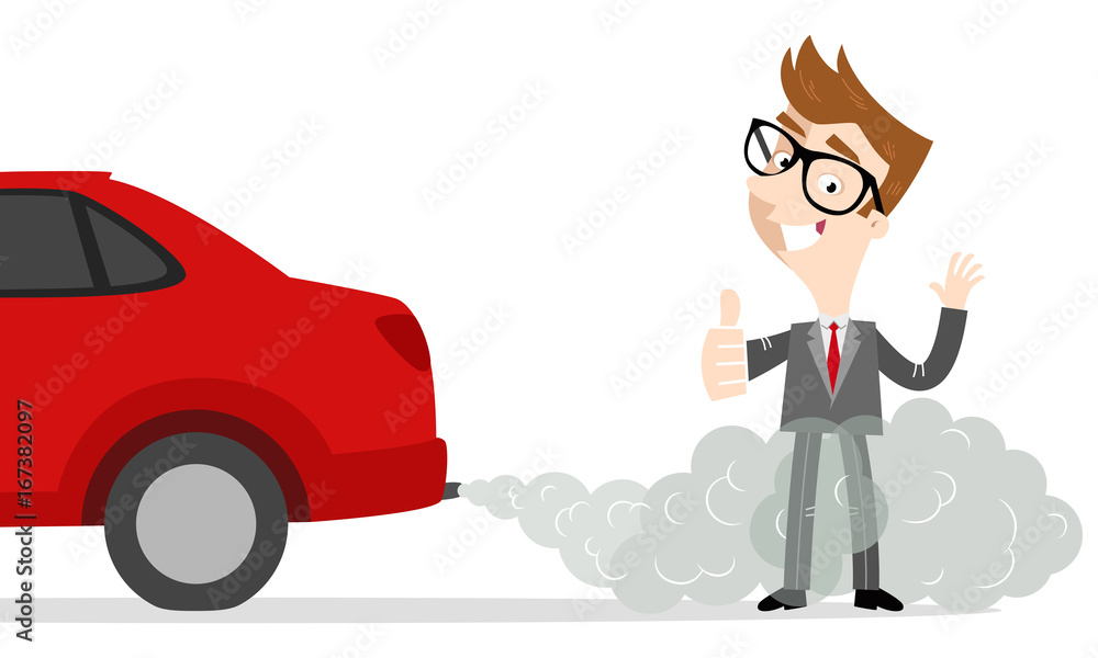 Vector illustration of smiling cartoon businessman giving thumbs up  standing next to car in exhaust gases Stock Vector | Adobe Stock