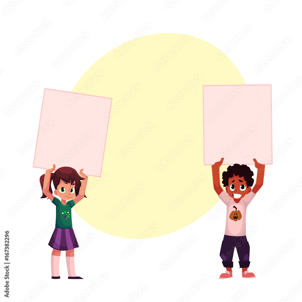 Two kids, black and Caucasian, holding blank empty posters over head,  cartoon vector illustration with space for text. Two little kids, children  holding empty, blank posters, boards Stock Vector | Adobe Stock