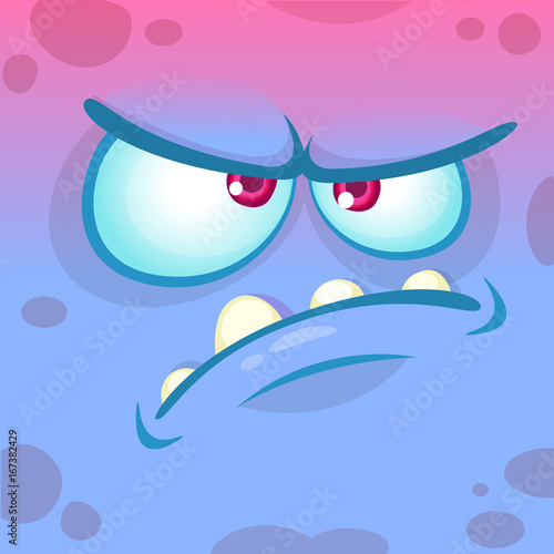 Cartoon angry monster face. Vector Halloween blue monster emotion avatar