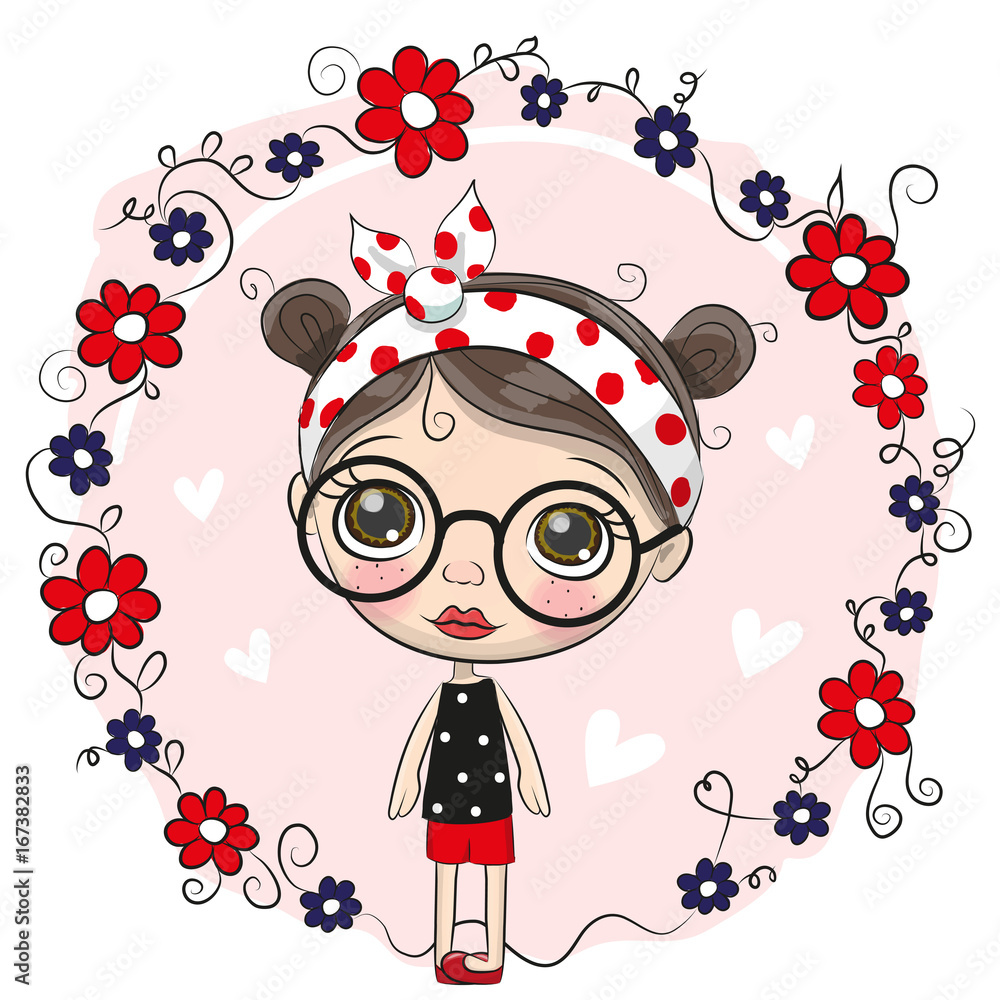 Cute Cartoon Girl and flowers - obrazy, fototapety, plakaty 