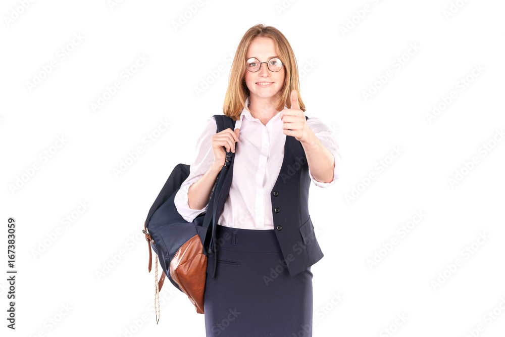 Portrait of beautiful red-haired college student in uniform posing against white background Portrait of beautiful red-haired college student in uniform posing against white background