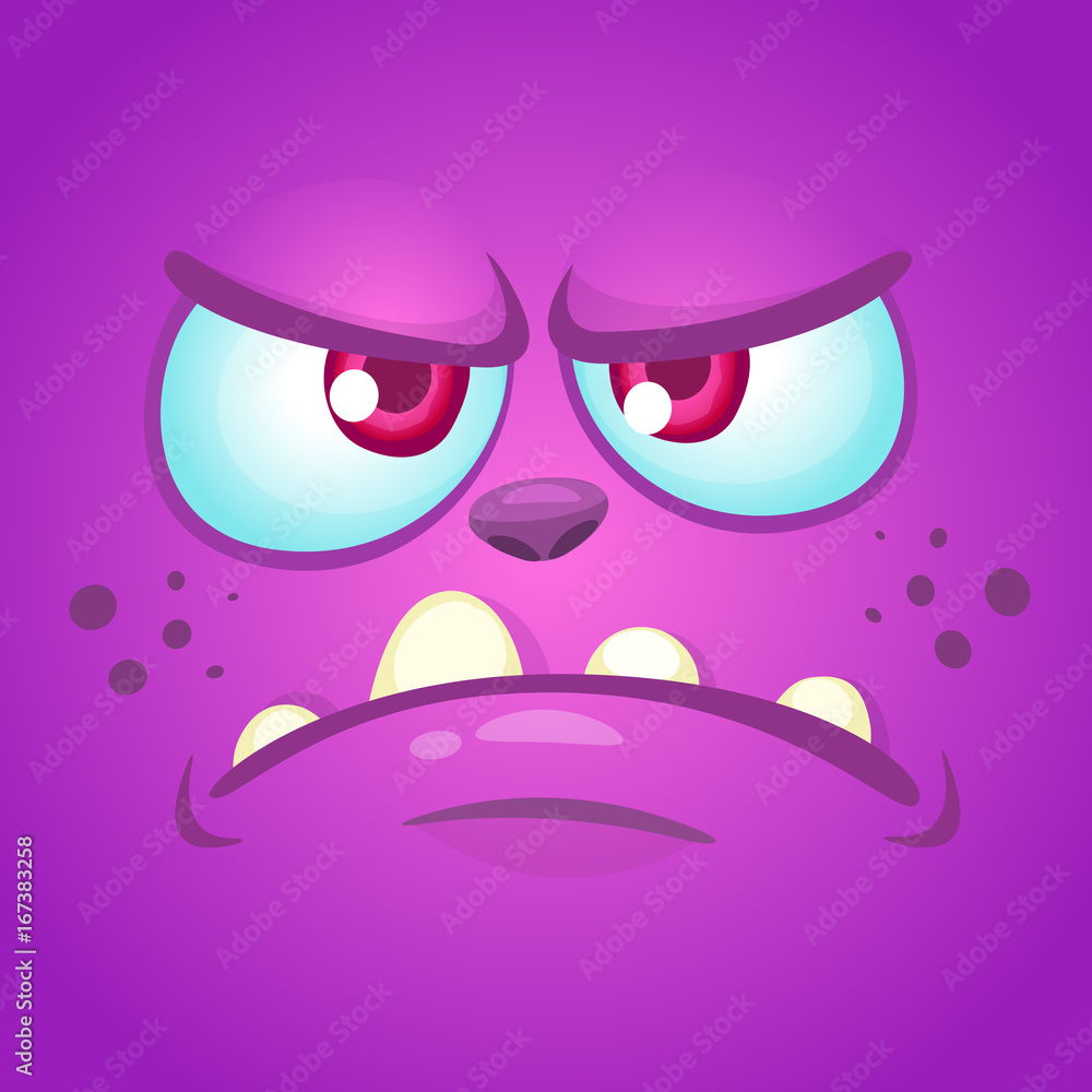 Cartoon angry monster face. Vector Halloween troll, goblin or gremlin cartoon