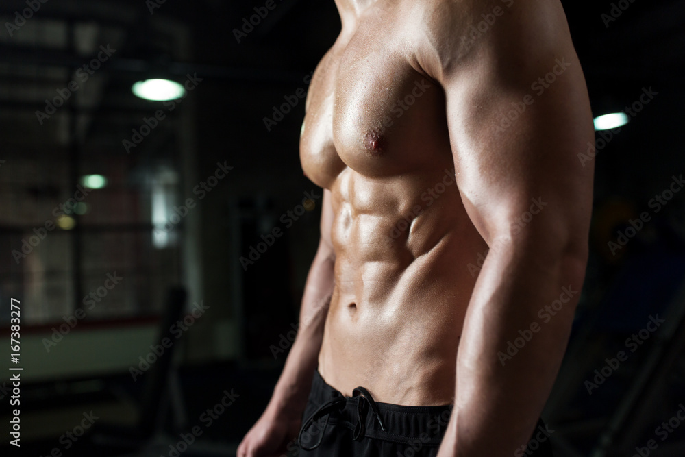 close up of male body or bare torso in gym close up of male body or bare torso in gym