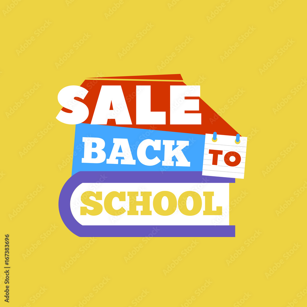Fototapeta premium Sale Back to school emblem with book. Bright vector illustration.