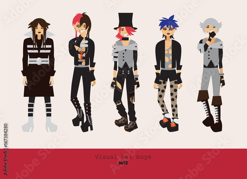 Lovely visual kei men. Different hairstyles, emotions, accessories, posing isolated on background. Creative collection with subculture oshare style, gothic subculture