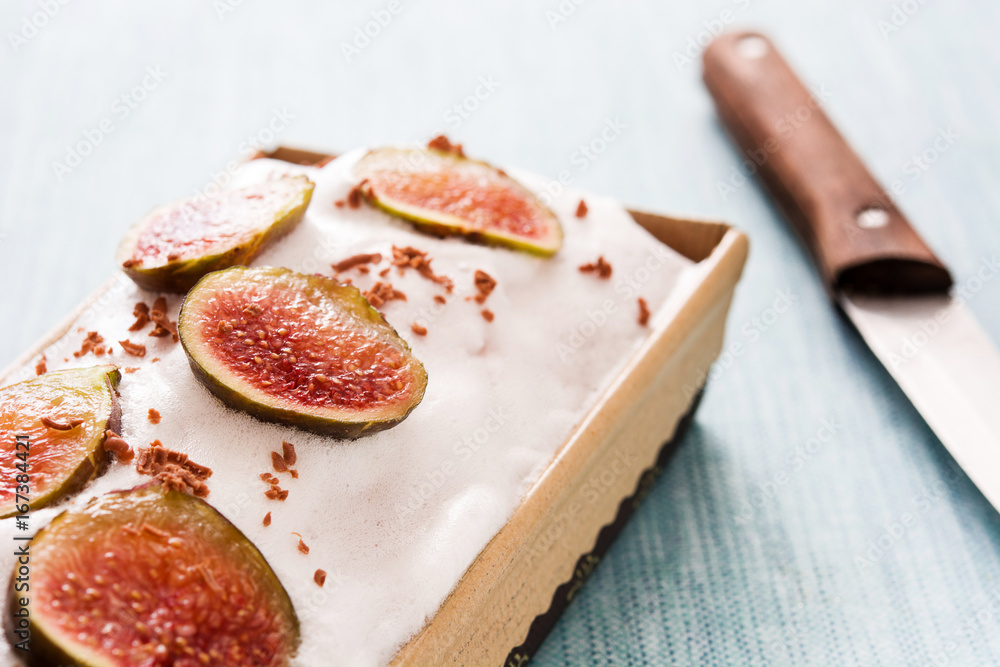 Delicious fig cake on blue background
Delicious fig cake on blue background