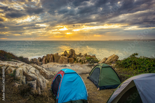 Tents camping in sunset