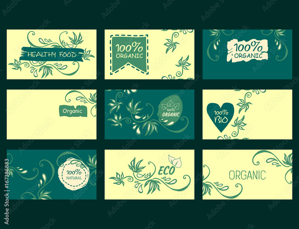 Fototapeta premium Set of vector environmental business cards. Natural products, healthy food, 100% natural