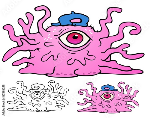 disgusting pink fleshy slime monster with gelatinous tentacles and a baseball cap.