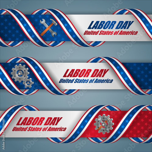 Set of web banners with texts, gear, hammer and wrench on national colors for American Labor day, celebration event; Vector illustration