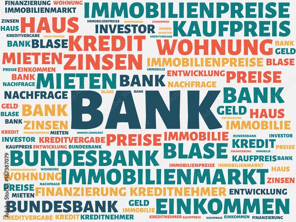 Fototapeta premium BANK - Bilder mit Wörtern aus dem Bereich Immobilienblase, Wort, Bild, Illustration
