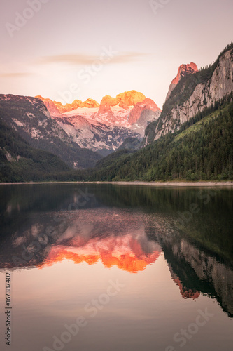 Gosau lake with Dachstein glacier in Summer at sunset, Upper Austria © mRGB