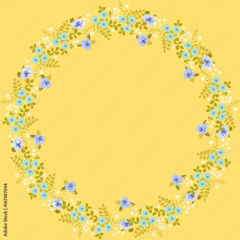 Floral round frame from cute flowers. Vector greeting card template. Design artwork for the poster, tee shirt, pillow, home decor. Summer flowers with green leaves. Floral round frame from cute flowers. Vector greeting card template. Design artwork for the poster, tee shirt, pillow, home decor. Summer flowers with green leaves.