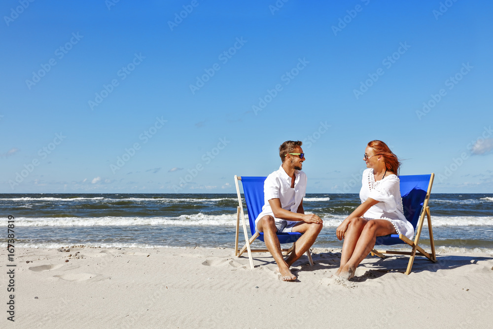 two lovers on beach and summer time 