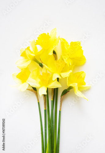 Yellow bouquet of daffodils lying on white table.