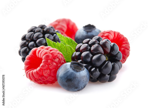 Mix berries in closeup with leaf