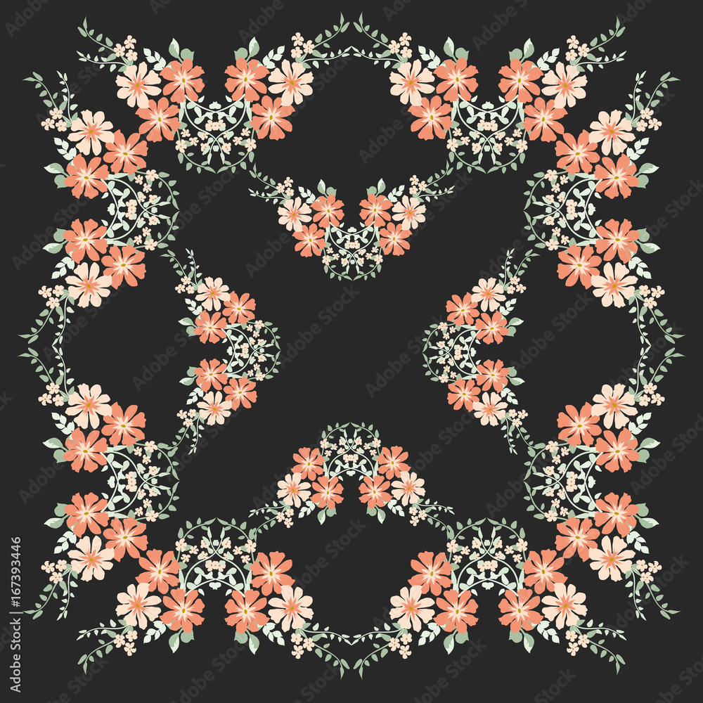 Folk flower square composition. Country style millefleurs. Floral meadow enchanting background for scarf print, textile, covers, surface, scrapbooking, decoupage. Bandana design.