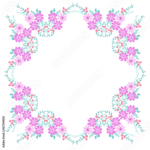 Frame from wild charming flowers. Greeting card template. Design artwork for the poster, invitation, calendars. Place for text. 