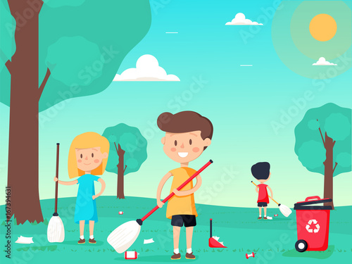 Children are sweeping and cleaning the playground.