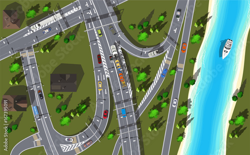 Top view interchange Express highway, near river