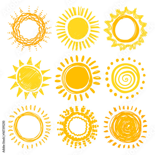 Doodle sun collection for summer design. Vector illustration