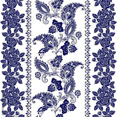 Set of Lace Bohemian Seamless Borders. Stripes with Blue Floral Motifs, Roses, Paisleys. Decorative ornament backdrop for fabric, textile, wrapping paper