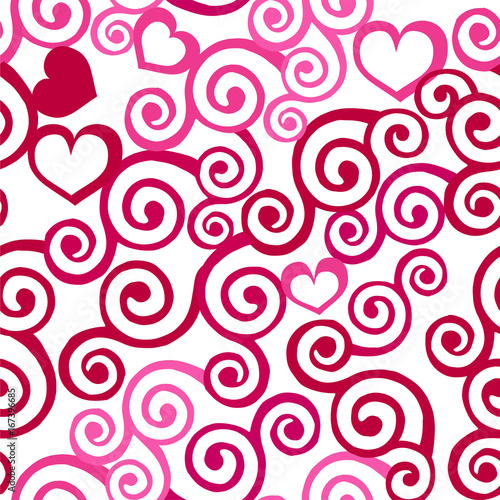 Pink seamless pattern with swirls and hearts. Decorative ornament backdrop for fabric, textile, wrapping paper