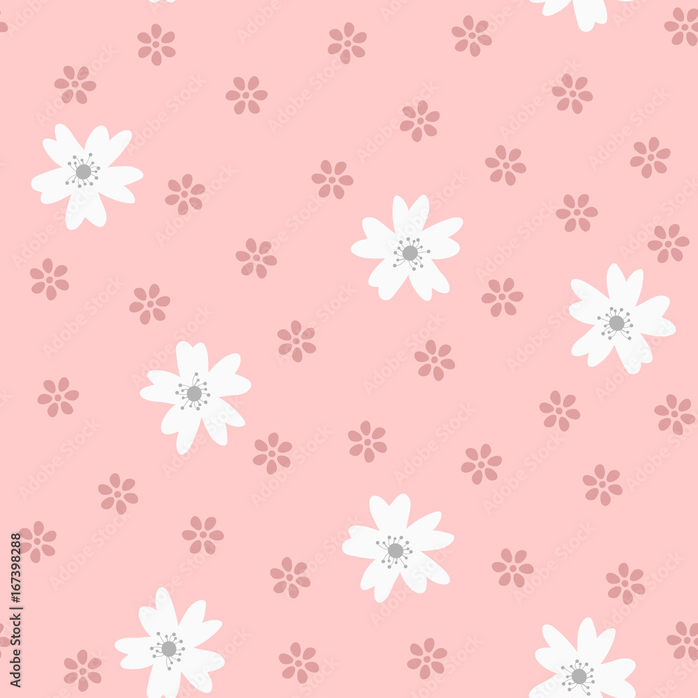 Cute seamless pattern with flowers. Drawn by hand. Pink, white, gray, purple colour.